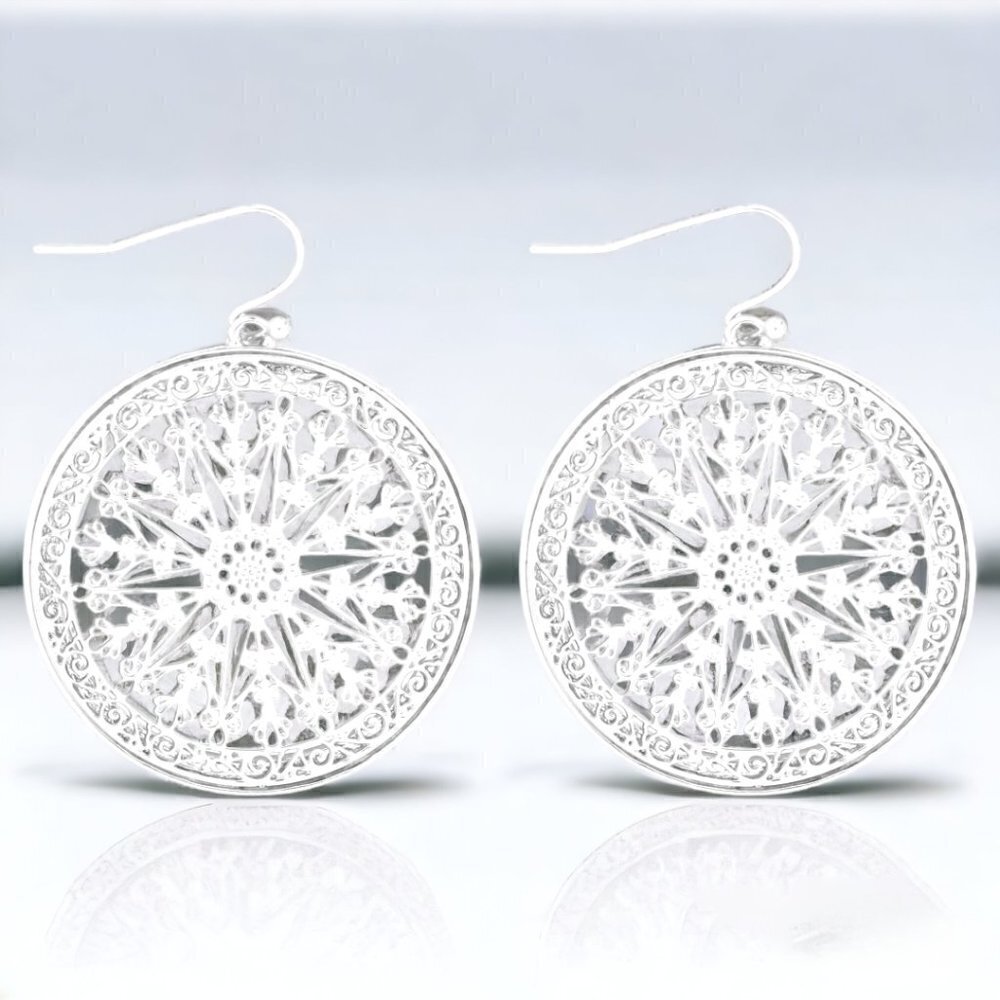 Silver Mandala Filigree Drop Earrings